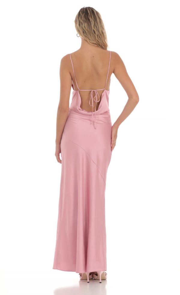 Satin Asymmetrical Cowl Neck Maxi Dress in Pink - Image 2