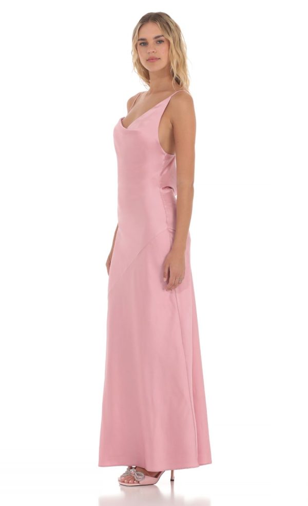 Satin Asymmetrical Cowl Neck Maxi Dress in Pink - Image 3