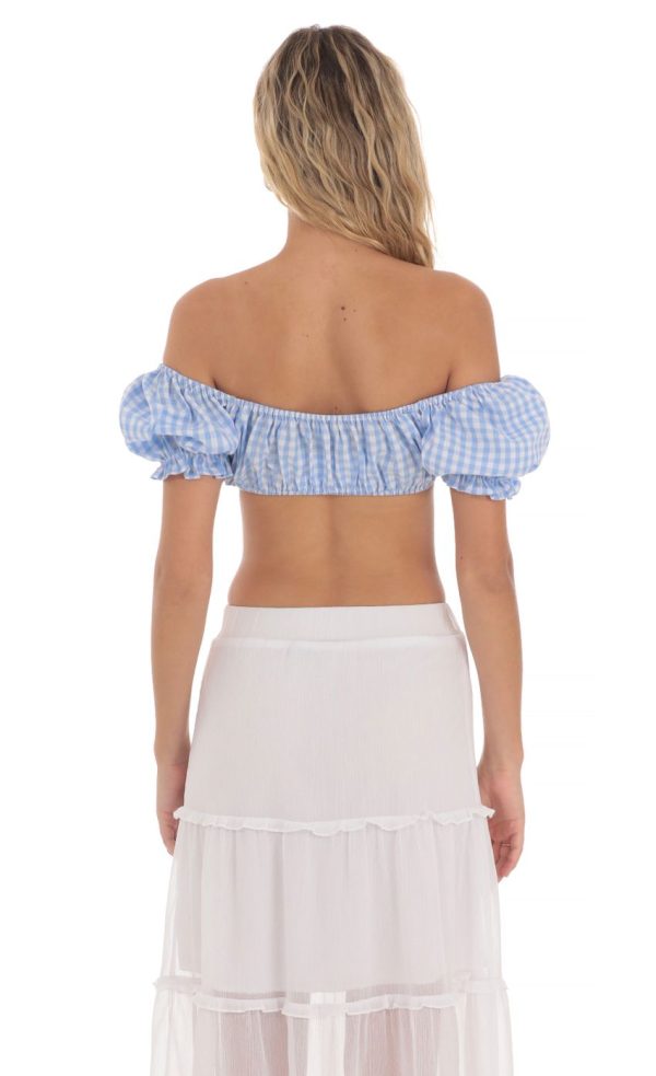 Gingham Off Shoulder Top in Blue - Image 2