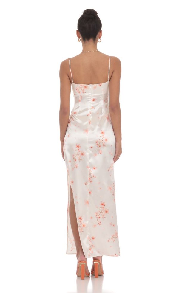 Satin Floral Cinched Maxi Dress in White - Image 2