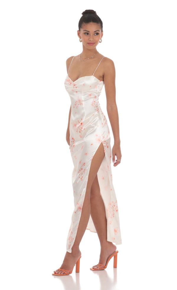 Satin Floral Cinched Maxi Dress in White - Image 3