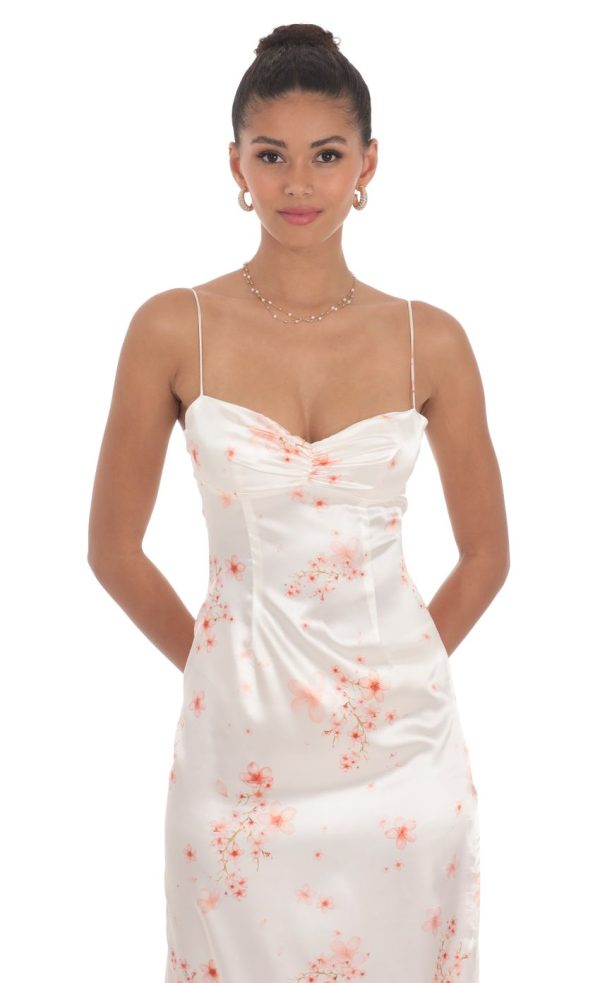 Satin Floral Cinched Maxi Dress in White - Image 4