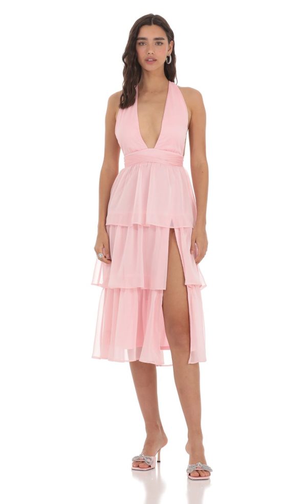 Open Back Ruffle Midi Dress in Pink