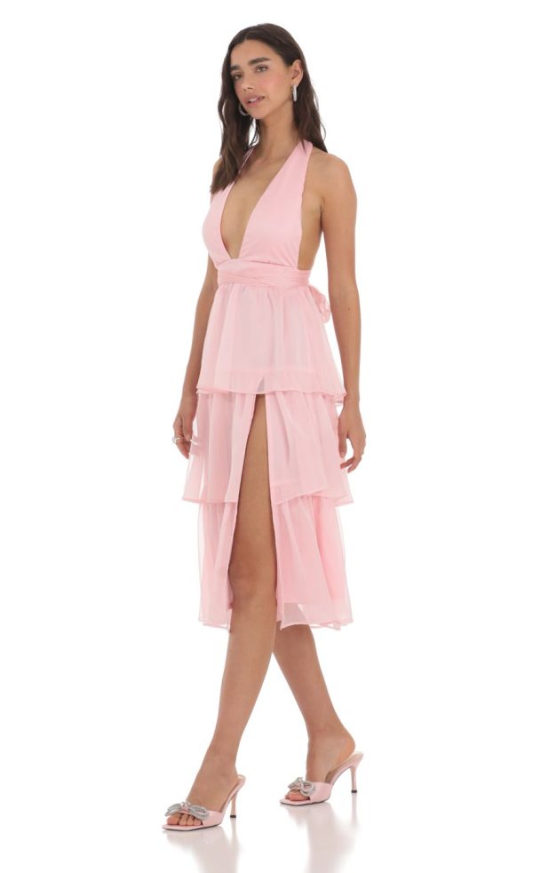 Open Back Ruffle Midi Dress in Pink - Image 3