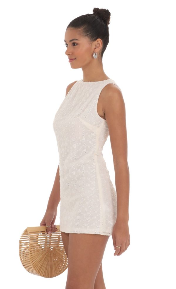 Floral Eyelet Straight Dress in Off White - Image 3