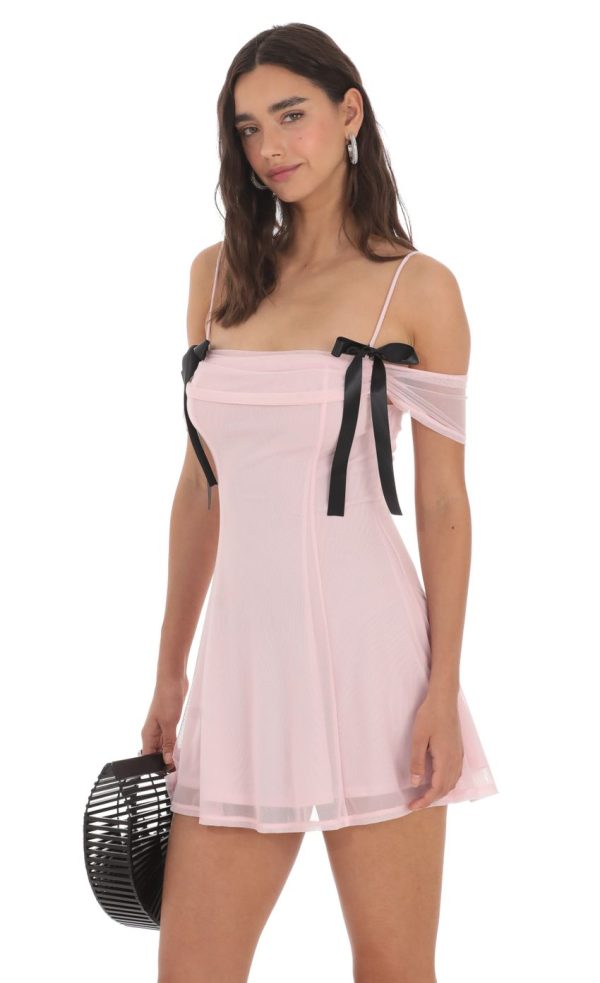 Mesh Off Shoulder Dress in Pink - Image 3