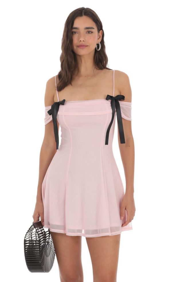 Mesh Off Shoulder Dress in Pink - Image 4