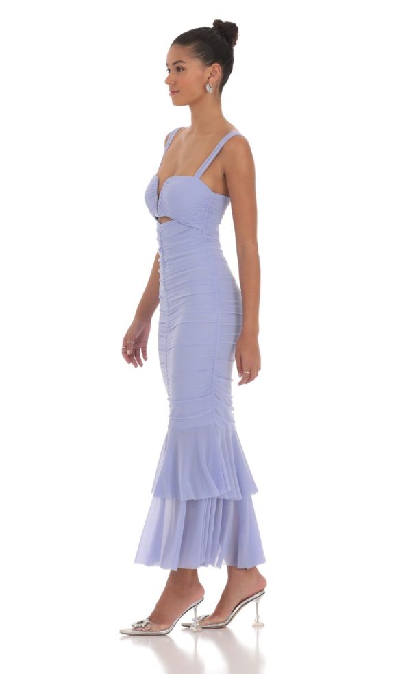 Mesh Ruched Mermaid Midi Dress in Periwinkle - Image 3