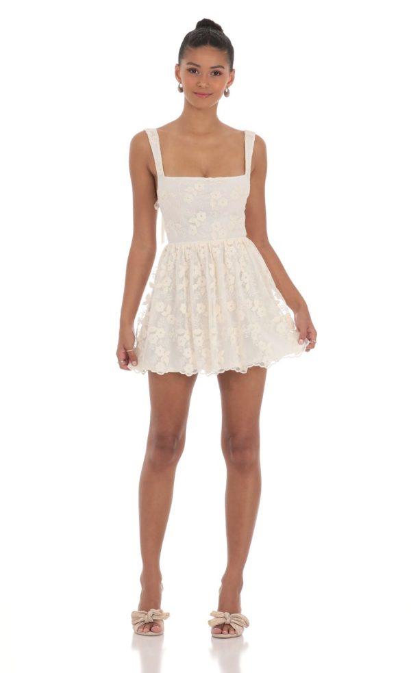 Floral Mesh Lace A-line Dress in Cream - Image 2