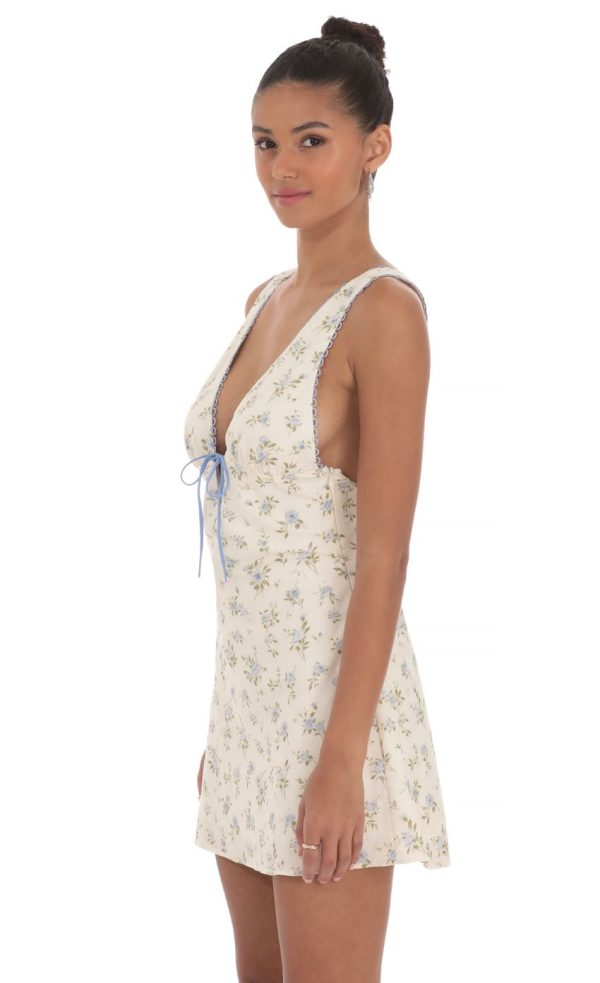 Floral Plunge Neck Dress in Cream - Image 3