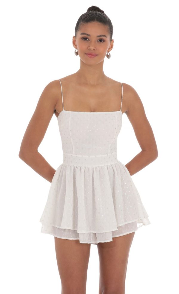 Shimmer Dotted Double Ruffle Romper in White