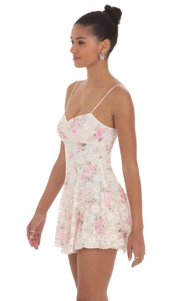 Floral Lace A-line Dress in White - Image 3