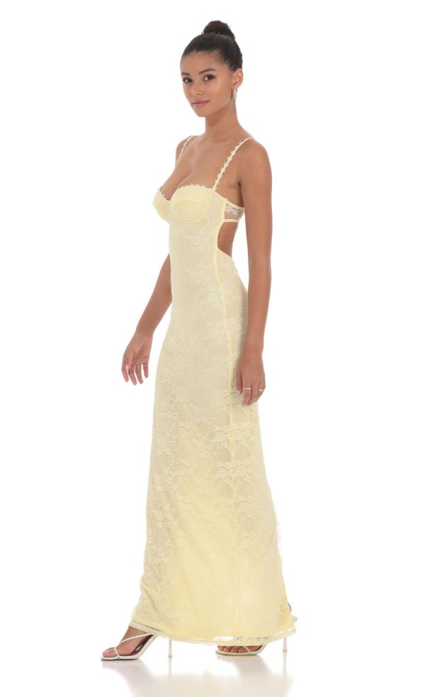 Lace Floral Trim Maxi Dress in Yellow - Image 3
