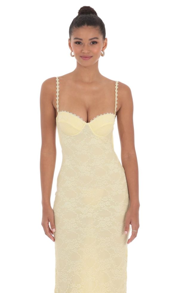 Lace Floral Trim Maxi Dress in Yellow - Image 4