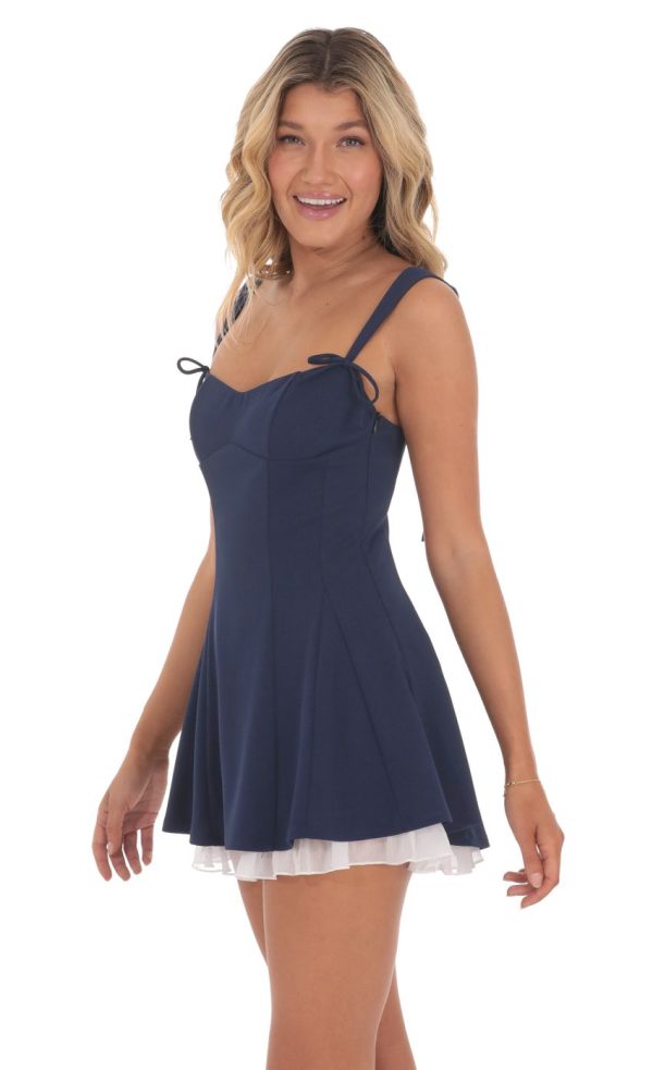 Bow Strap Shimmer Ruffle Dress in Navy - Image 3