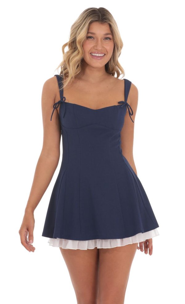 Bow Strap Shimmer Ruffle Dress in Navy - Image 4