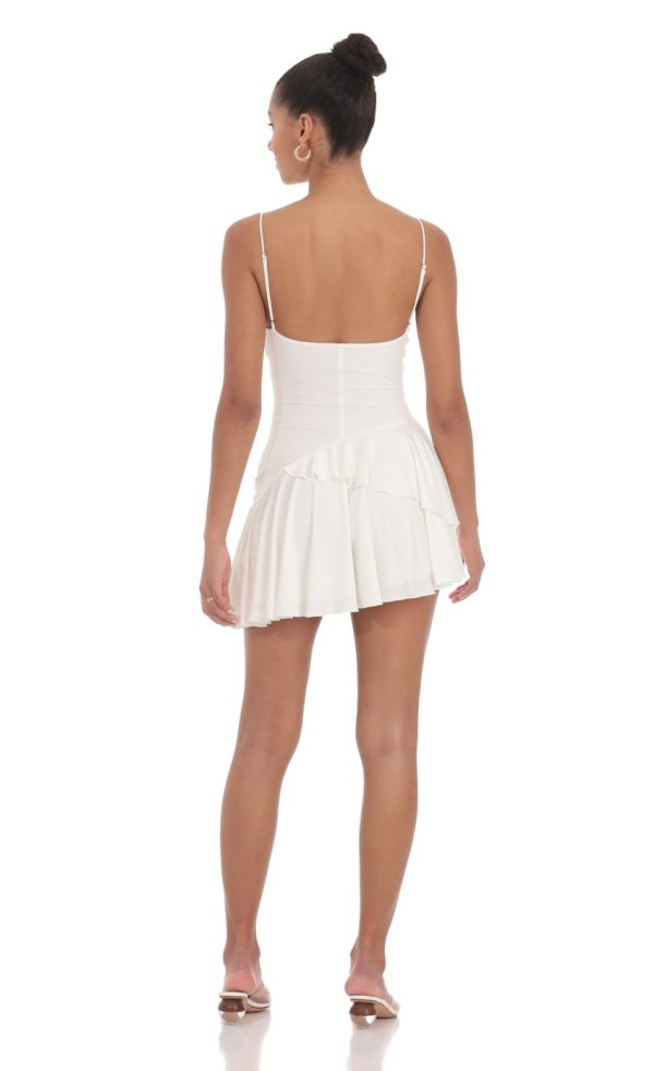 Cowl Neck Asymmetrical Ruffle Dress in White - Image 2