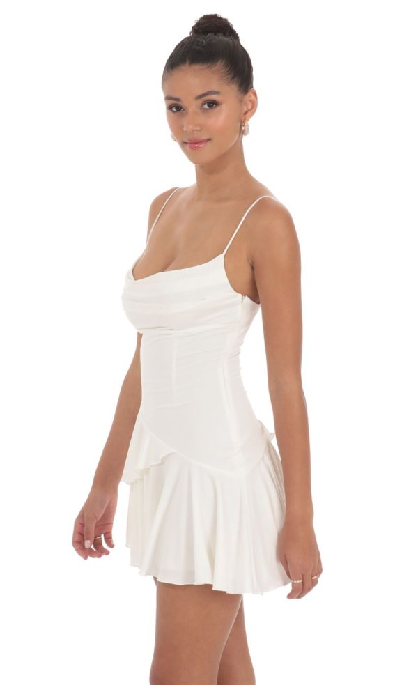 Cowl Neck Asymmetrical Ruffle Dress in White - Image 3