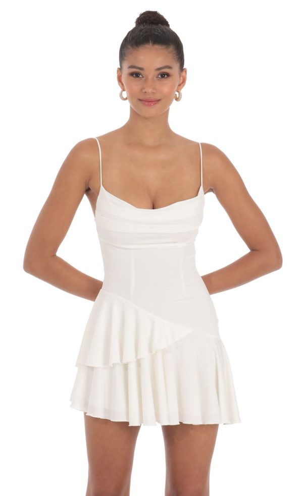 Cowl Neck Asymmetrical Ruffle Dress in White - Image 4