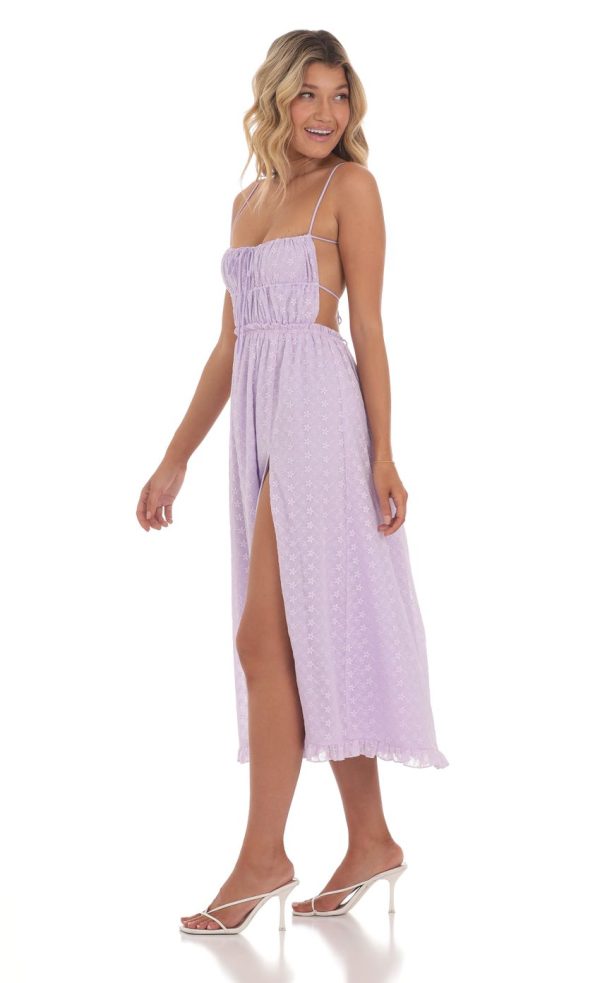 Floral Embroidered Open Back Midi Dress in Lavender