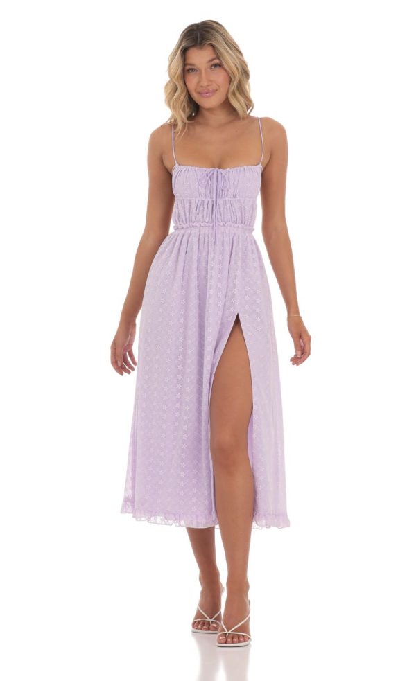 Floral Embroidered Open Back Midi Dress in Lavender - Image 2