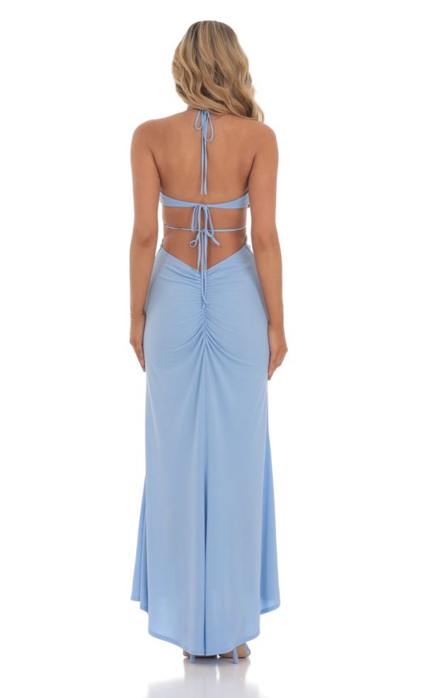 Plunge Neck Ruched Maxi Dress in Blue - Image 2