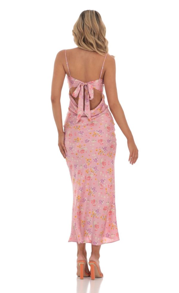 Satin Floral Open Back Maxi Dress in Pink