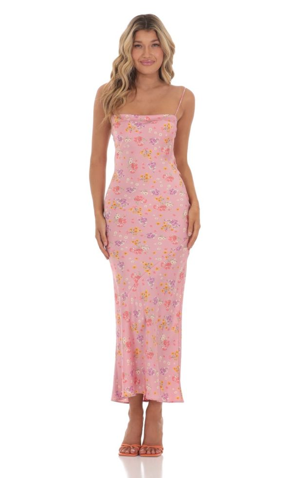 Satin Floral Open Back Maxi Dress in Pink - Image 2