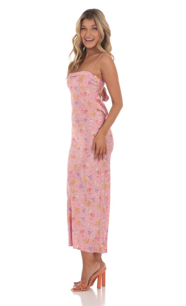Satin Floral Open Back Maxi Dress in Pink - Image 3