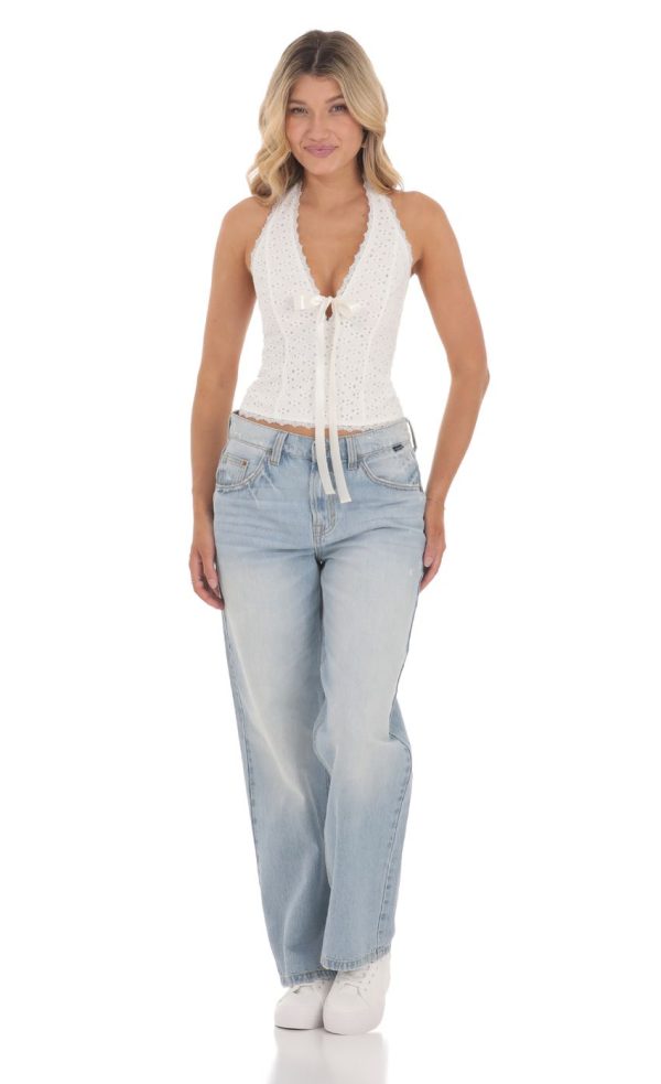Eyelet Plunge Neck Top in White - Image 4