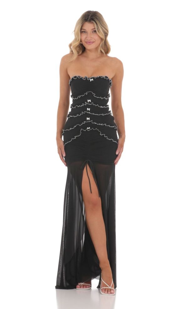 Mesh Strapless Ruffle Bodycon Maxi Dress in Black