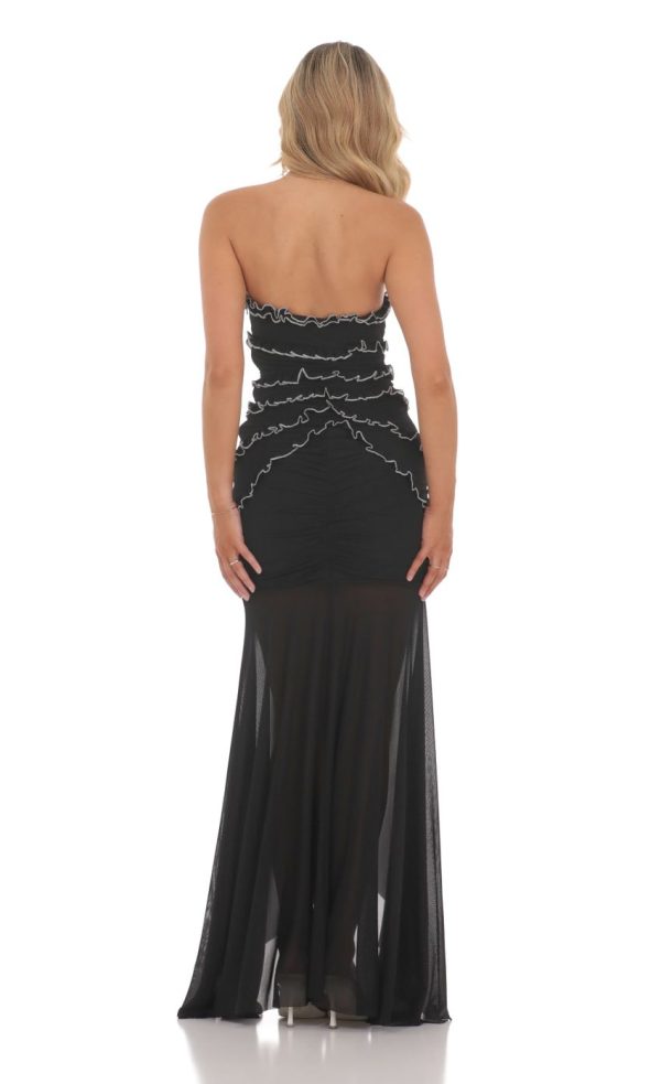 Mesh Strapless Ruffle Bodycon Maxi Dress in Black - Image 2