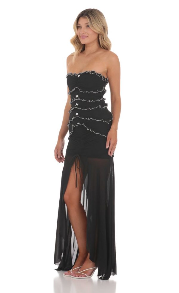 Mesh Strapless Ruffle Bodycon Maxi Dress in Black - Image 3