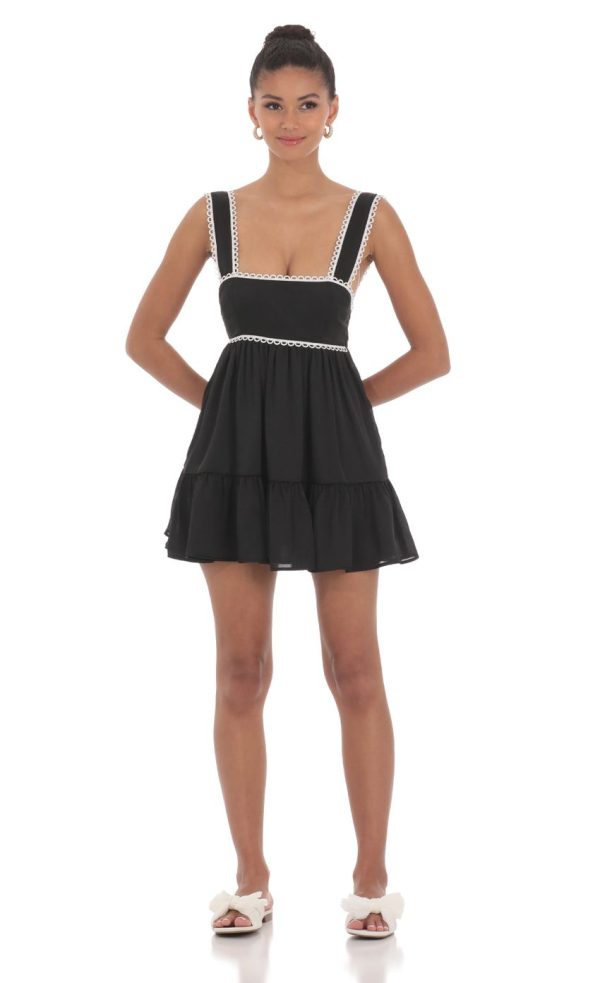 Embroidered Trim Babydoll Dress in Black - Image 4