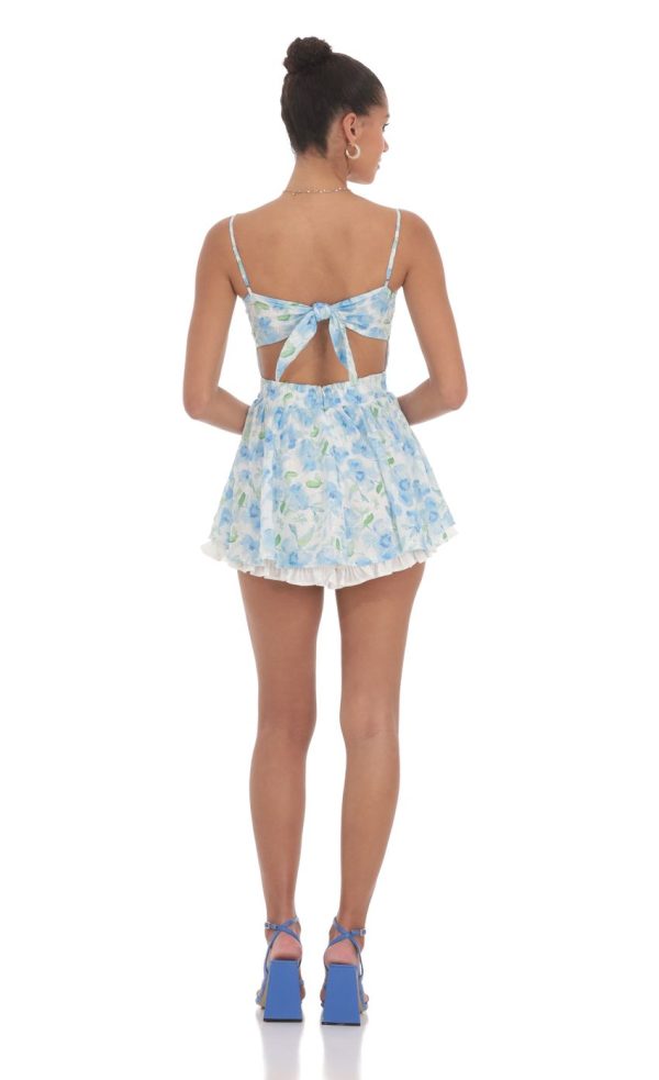 Blue Floral Ruffle Romper in White - Image 2