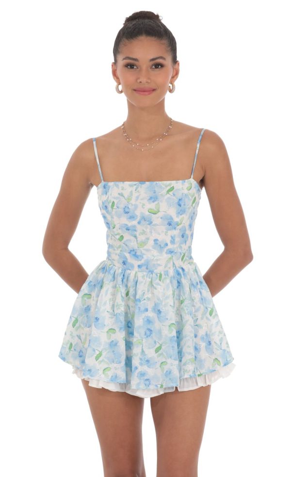 Blue Floral Ruffle Romper in White - Image 4