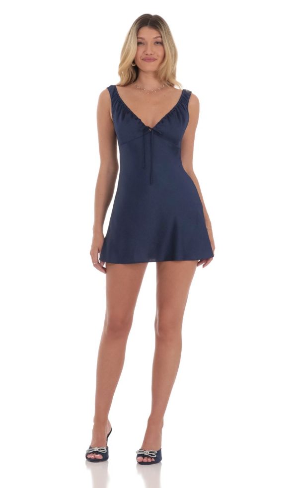Satin V-Neck Dress in Navy - Image 3