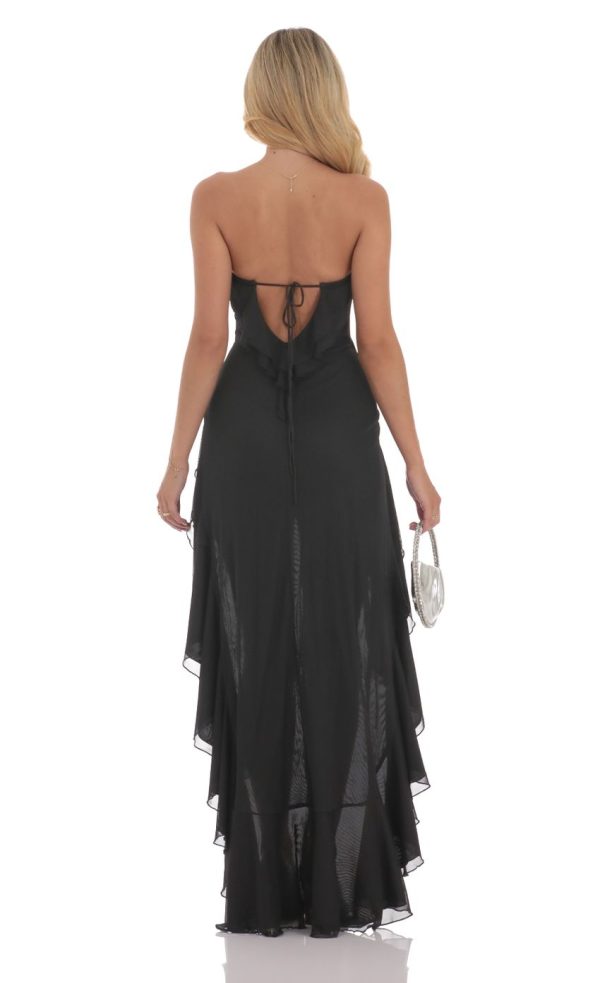 Strapless Mesh High Low Dress in Black - Image 2