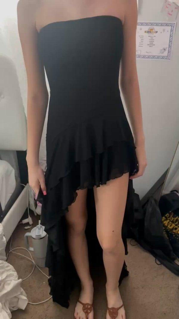 Strapless Mesh High Low Dress in Black - Image 7