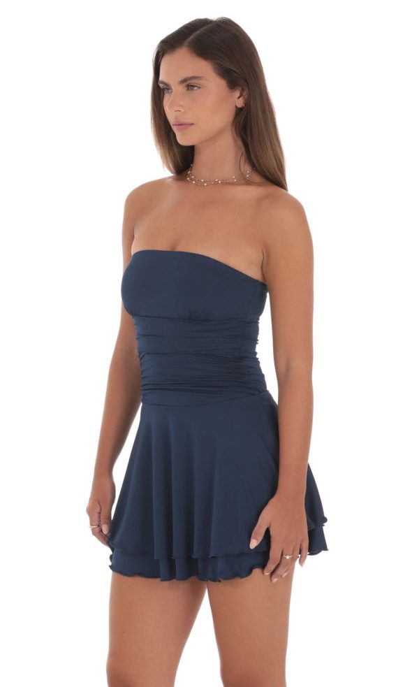 Strapless Ruched A-line Dress in Navy - Image 3