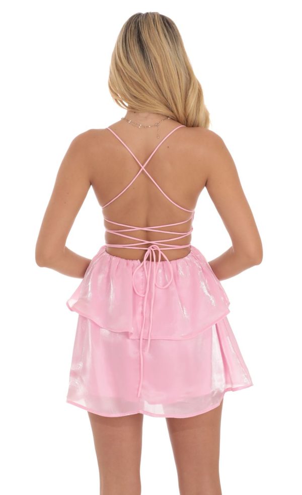 Shimmer Lace Up Dress in Pink - Image 2