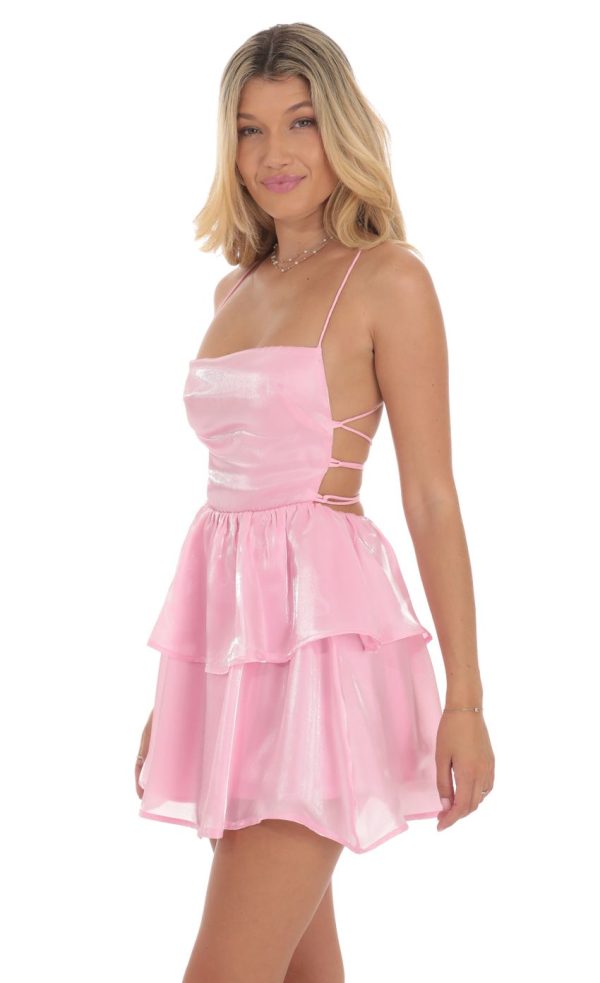 Shimmer Lace Up Dress in Pink - Image 3