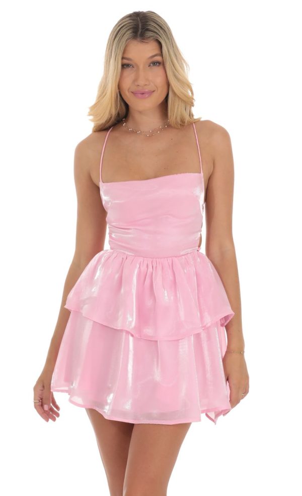 Shimmer Lace Up Dress in Pink - Image 4