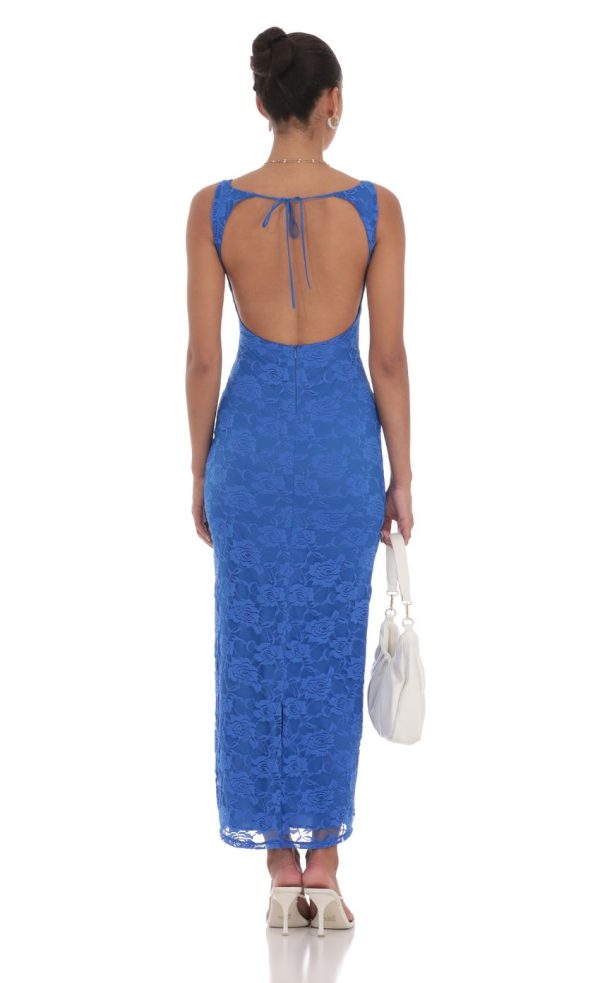 Lace Open Back Bodycon Maxi Dress in Blue - Image 2
