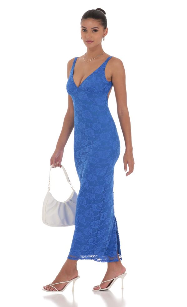 Lace Open Back Bodycon Maxi Dress in Blue - Image 3