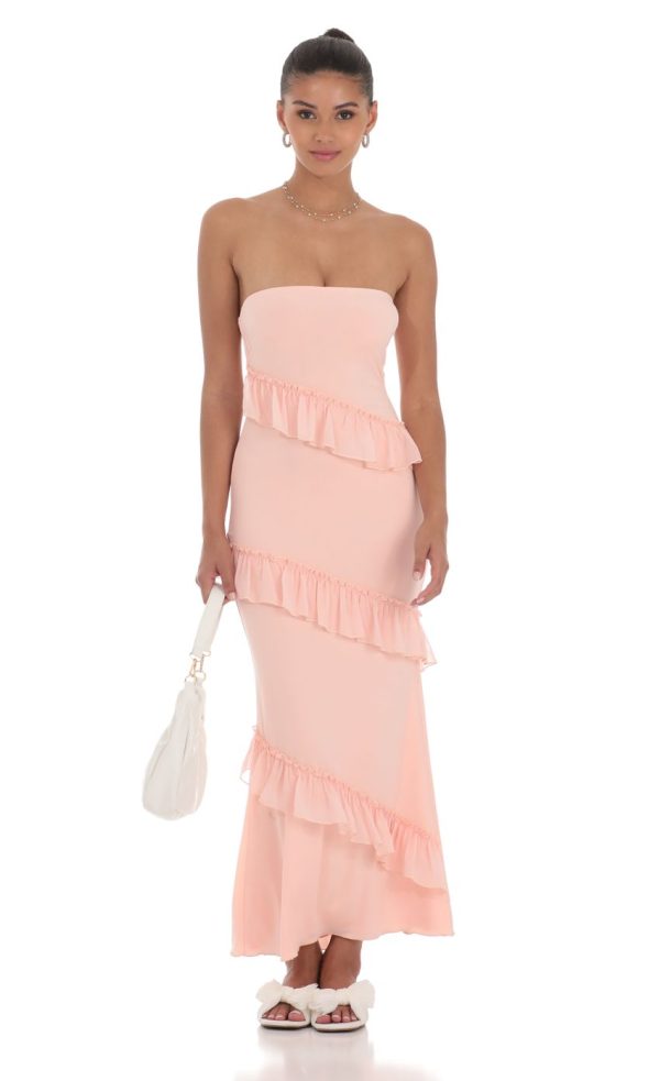 Strapless Spiral Ruffle Maxi Dress in Peach