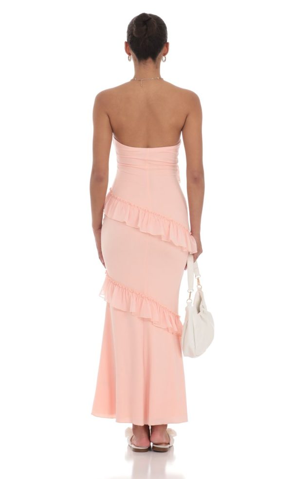 Strapless Spiral Ruffle Maxi Dress in Peach - Image 2