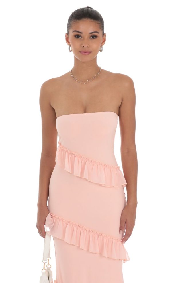 Strapless Spiral Ruffle Maxi Dress in Peach - Image 4