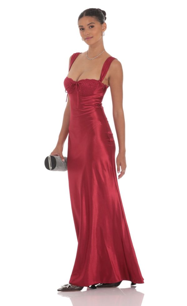 Satin Lace-Bust Dress in Red - Image 3