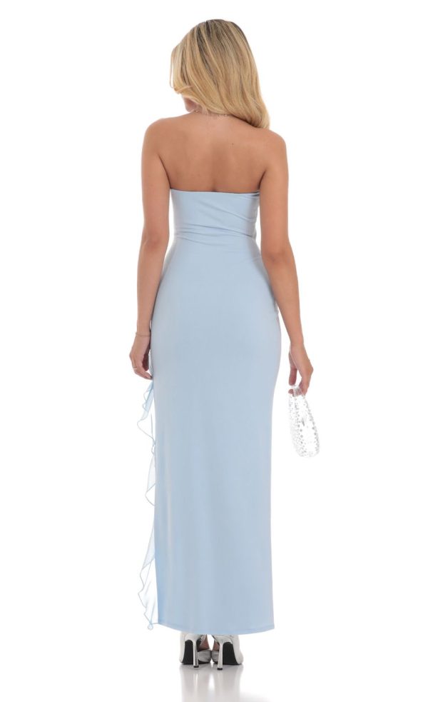 Strapless Ruffle Slit Dress in Blue - Image 2